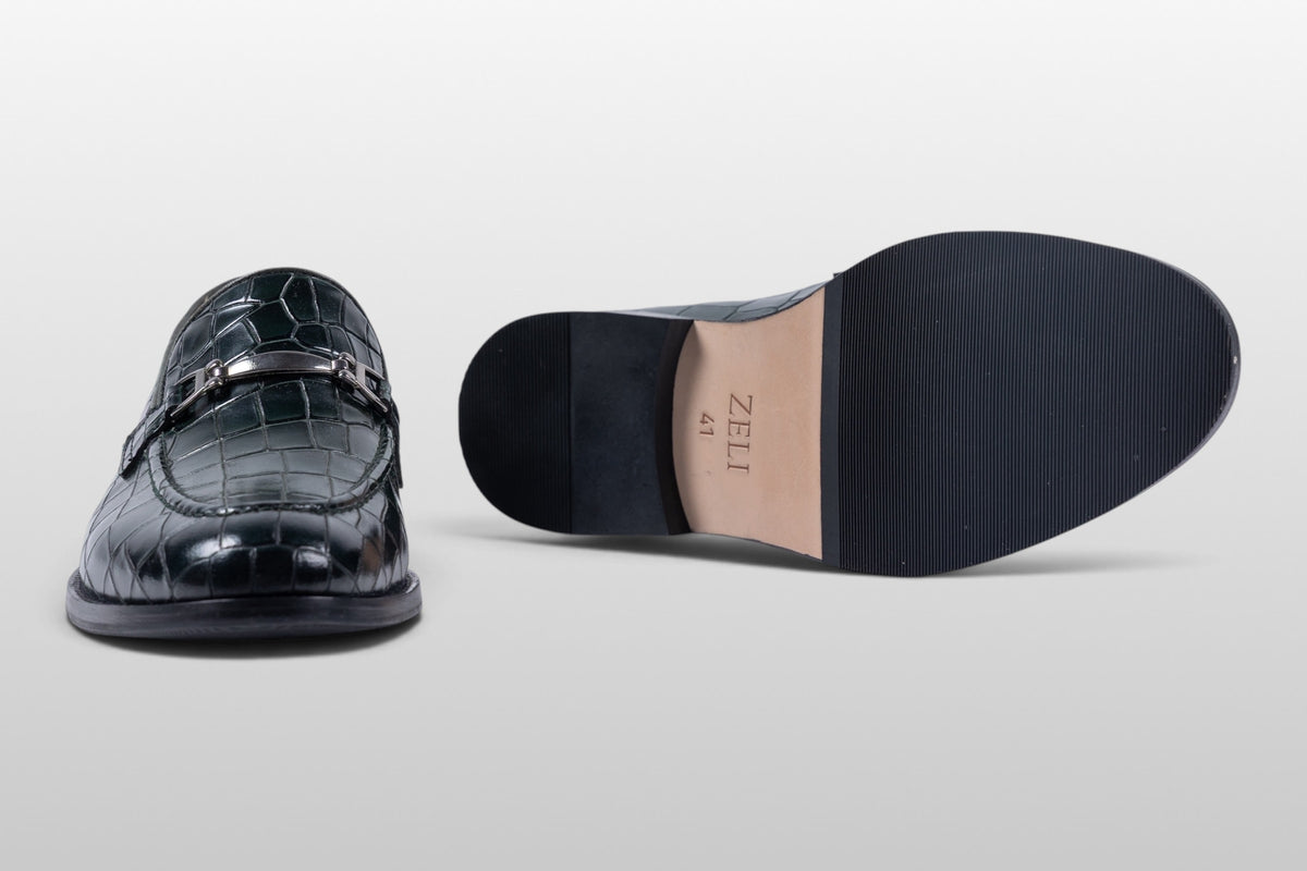 Zeli Venezia dunkelgrüne Leder-Loafer mit Kroko-Muster