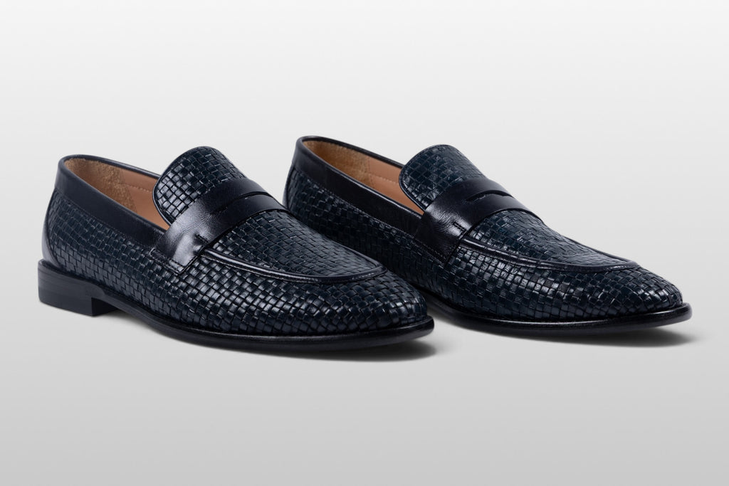 Zeli Florence Donkerblauwe Geweven Leren Penny Loafers