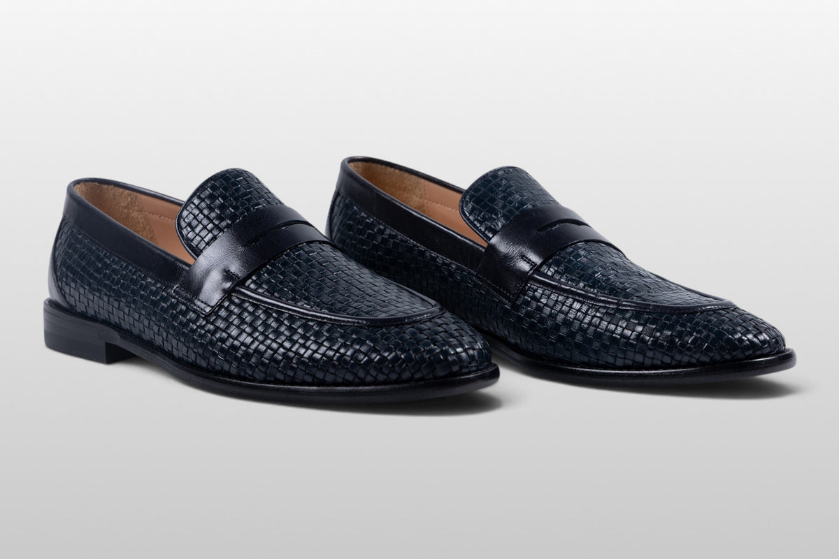Zeli Florence Donkerblauwe Geweven Leren Penny Loafers