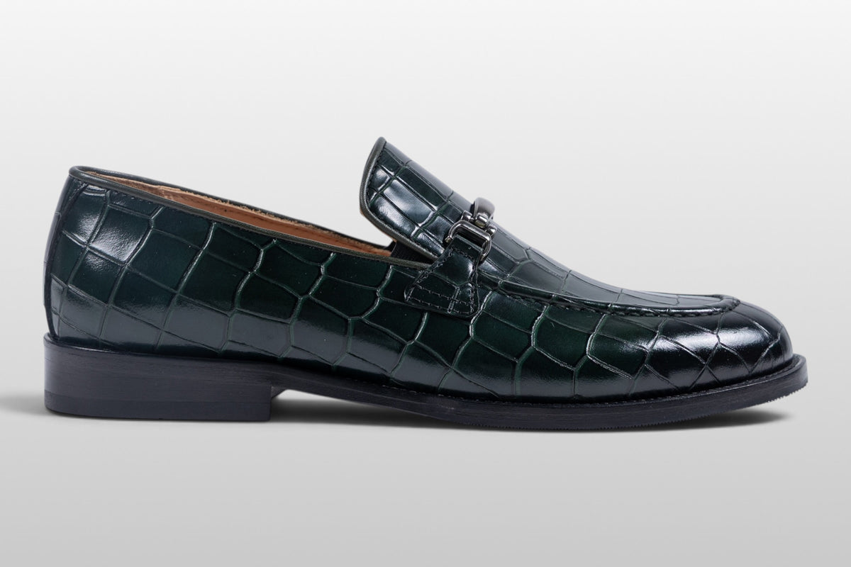 Zeli Venezia dunkelgrüne Leder-Loafer mit Kroko-Muster