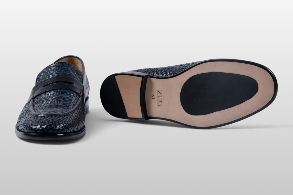 Zeli Florence Donkerblauwe Geweven Leren Penny Loafers