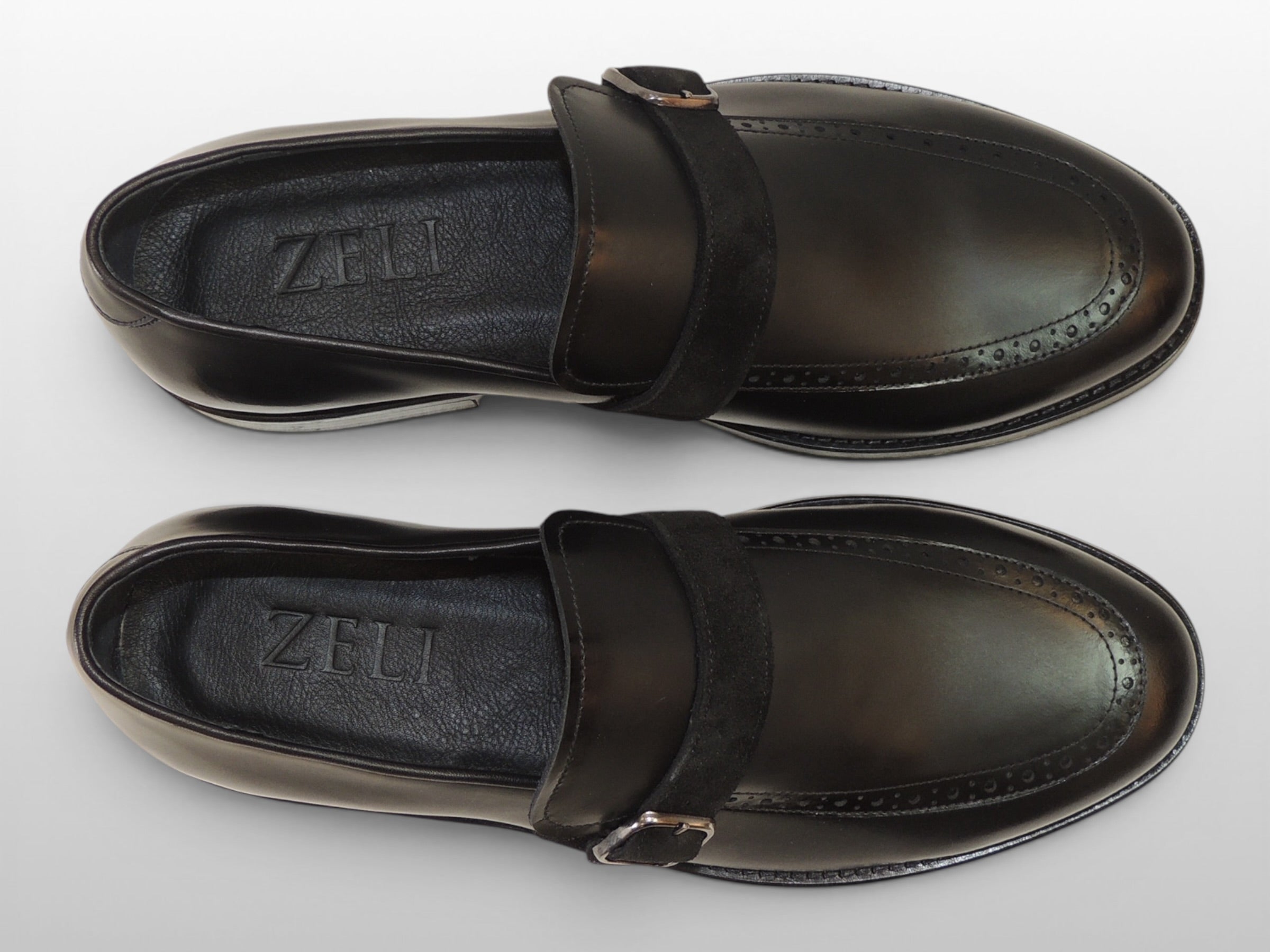 Zeli Zwarte Suede Leren Brogue Monk Strap Schoen
