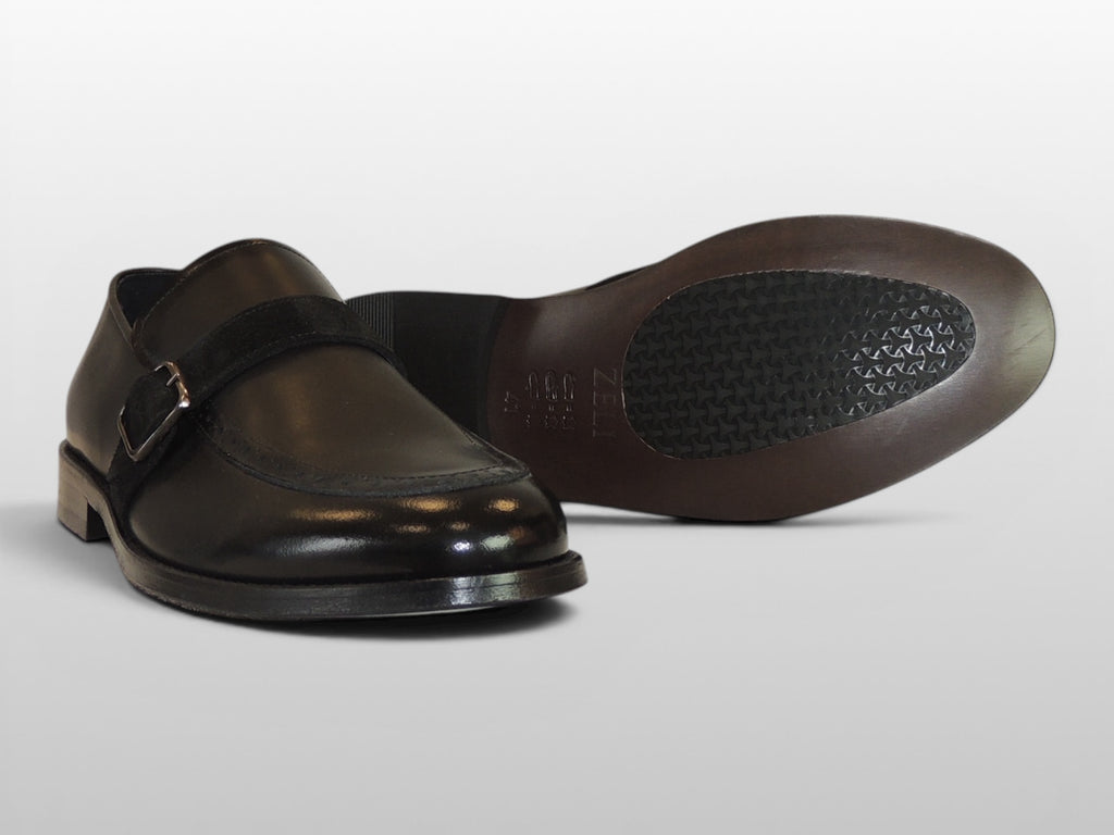 Zeli Zwarte Suede Leren Brogue Monk Strap Schoen