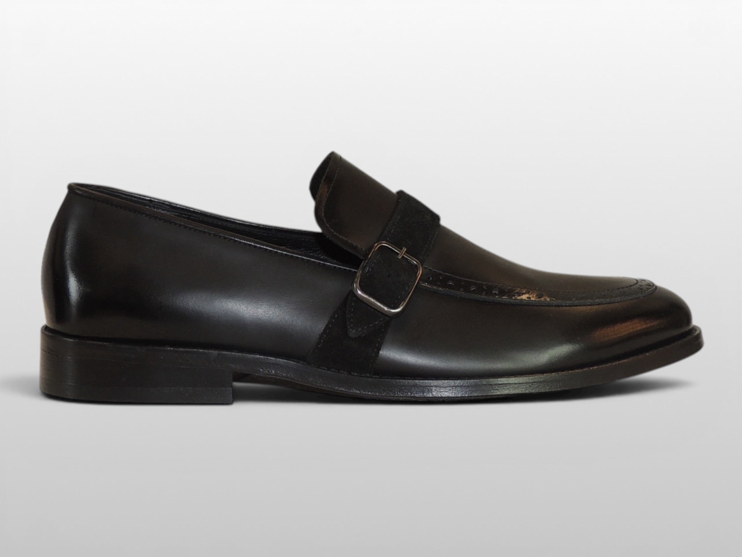 Zeli Zwarte Suede Leren Brogue Monk Strap Schoen