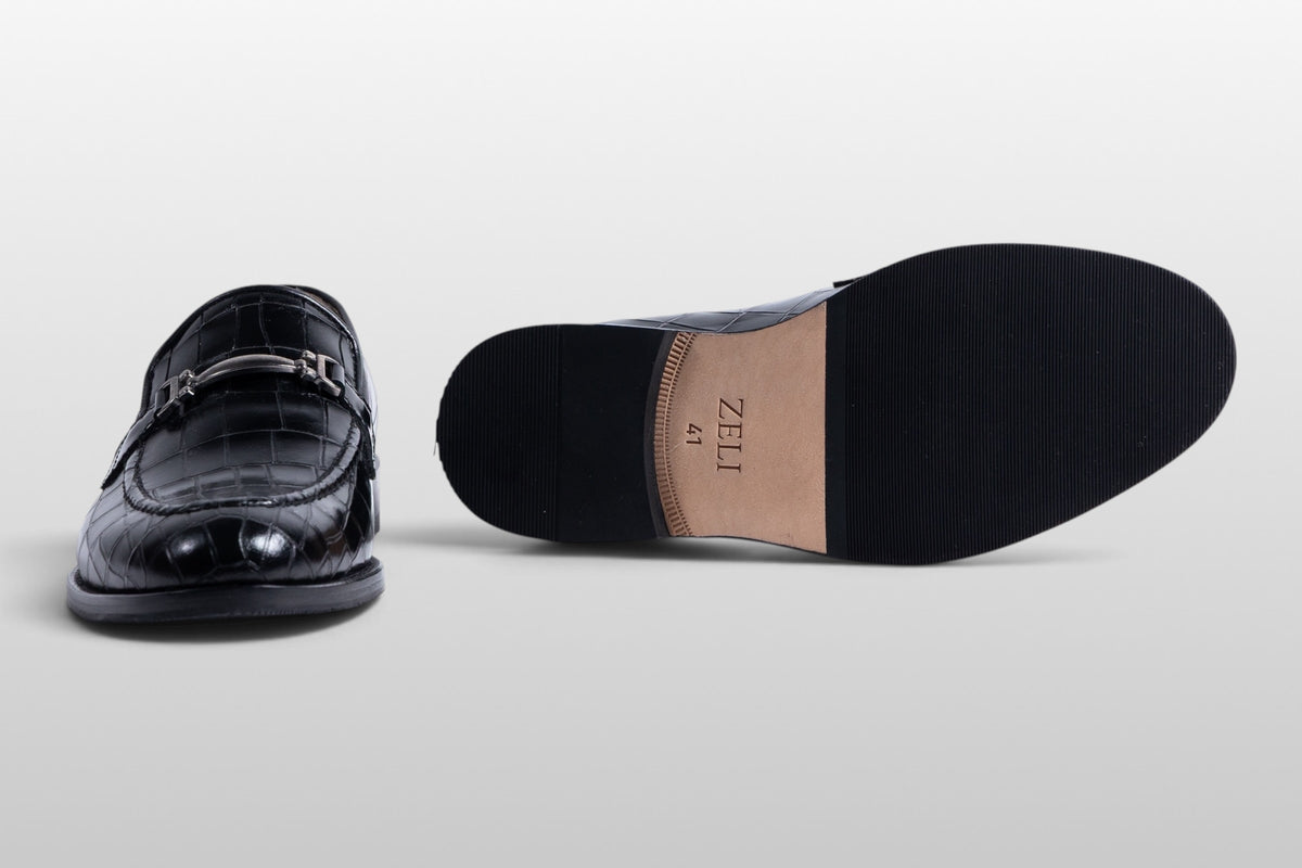 Zeli Venezia schwarze Croco-Leder-Slipper mit Schnalle