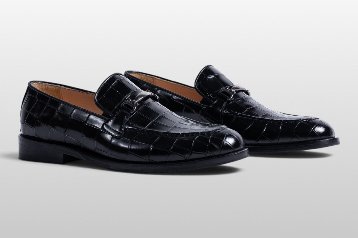Zeli Venezia schwarze Croco-Leder-Slipper mit Schnalle
