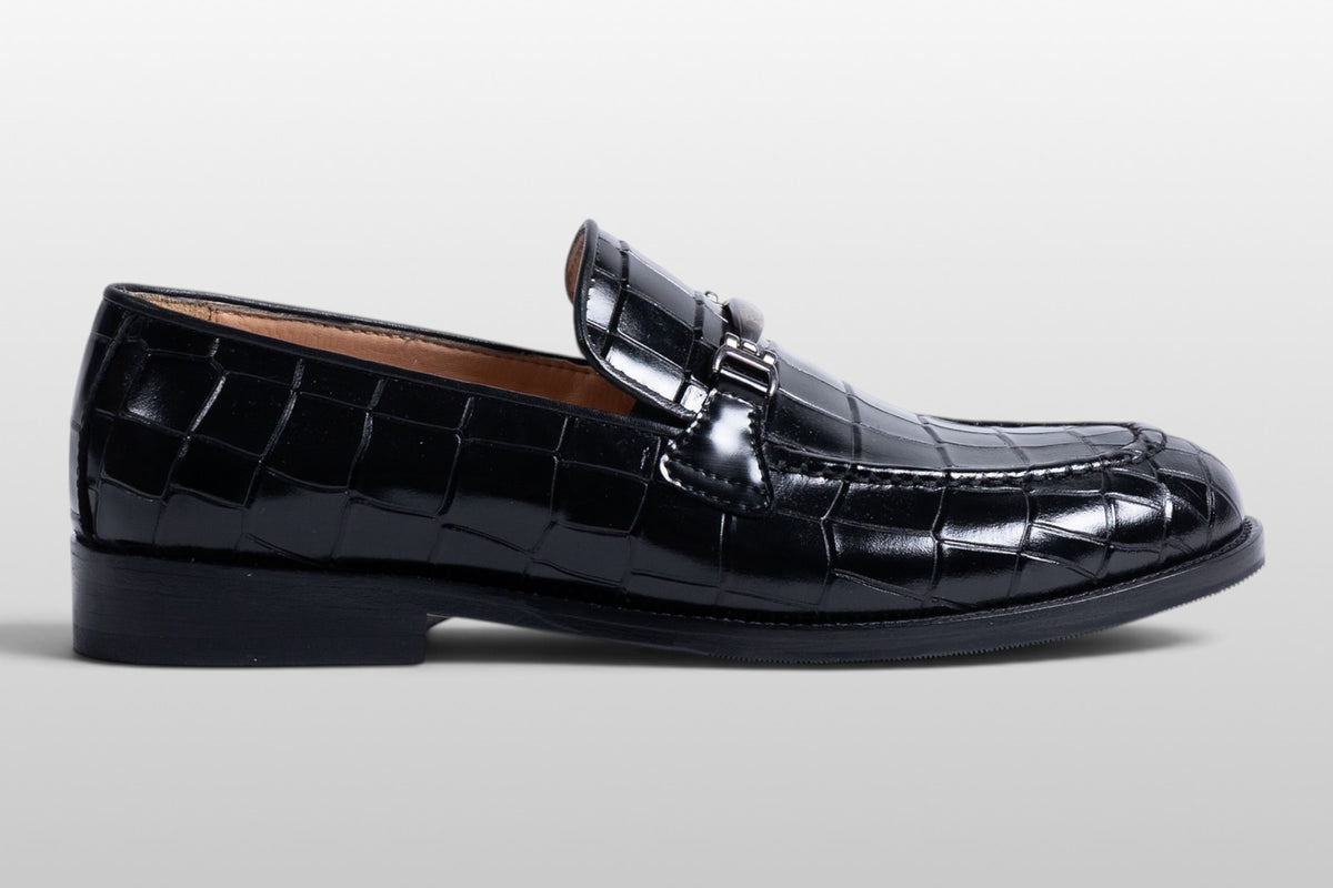 Zeli Venezia schwarze Croco-Leder-Slipper mit Schnalle