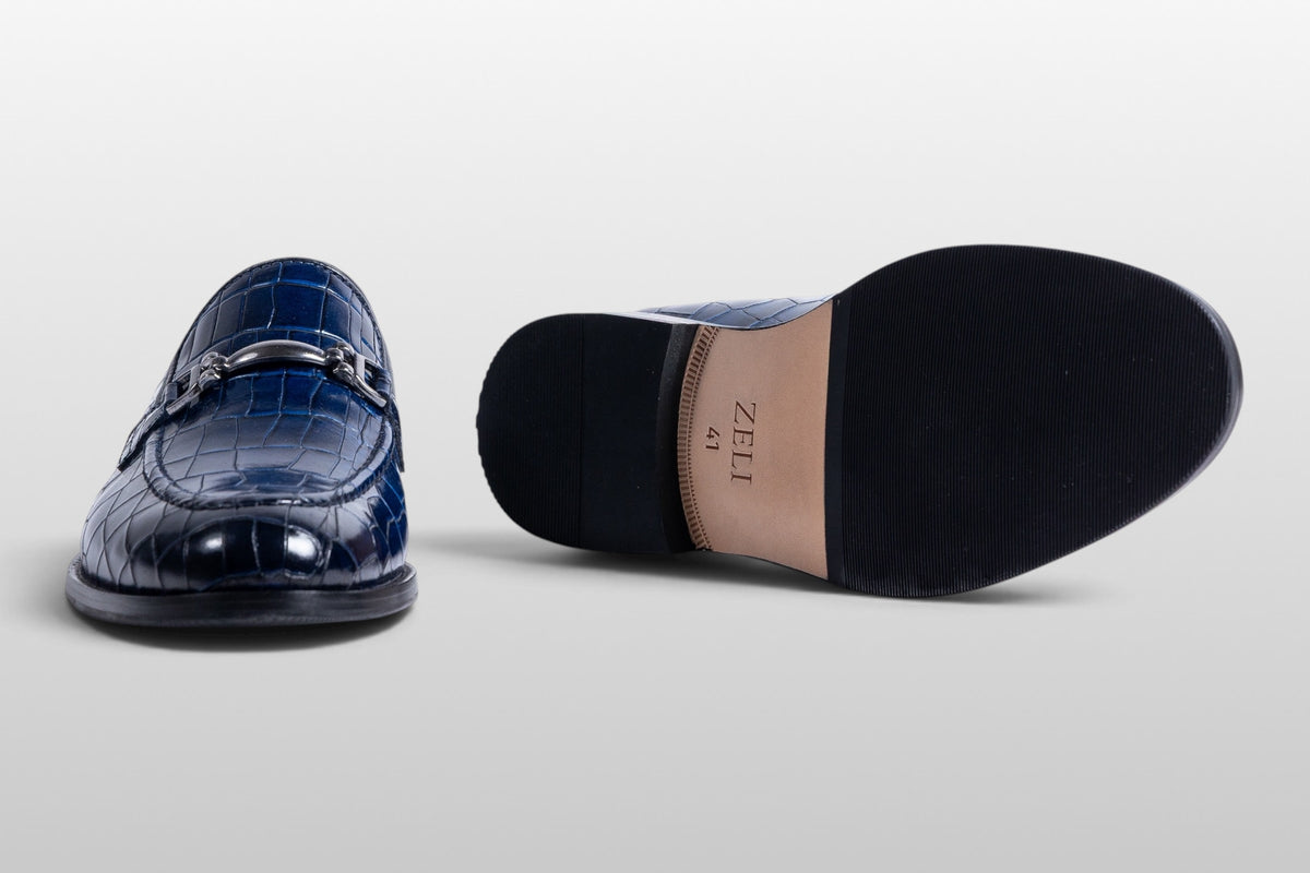 Zeli Venezia dunkelblaue Croco-Leder-Slipper mit Schnalle