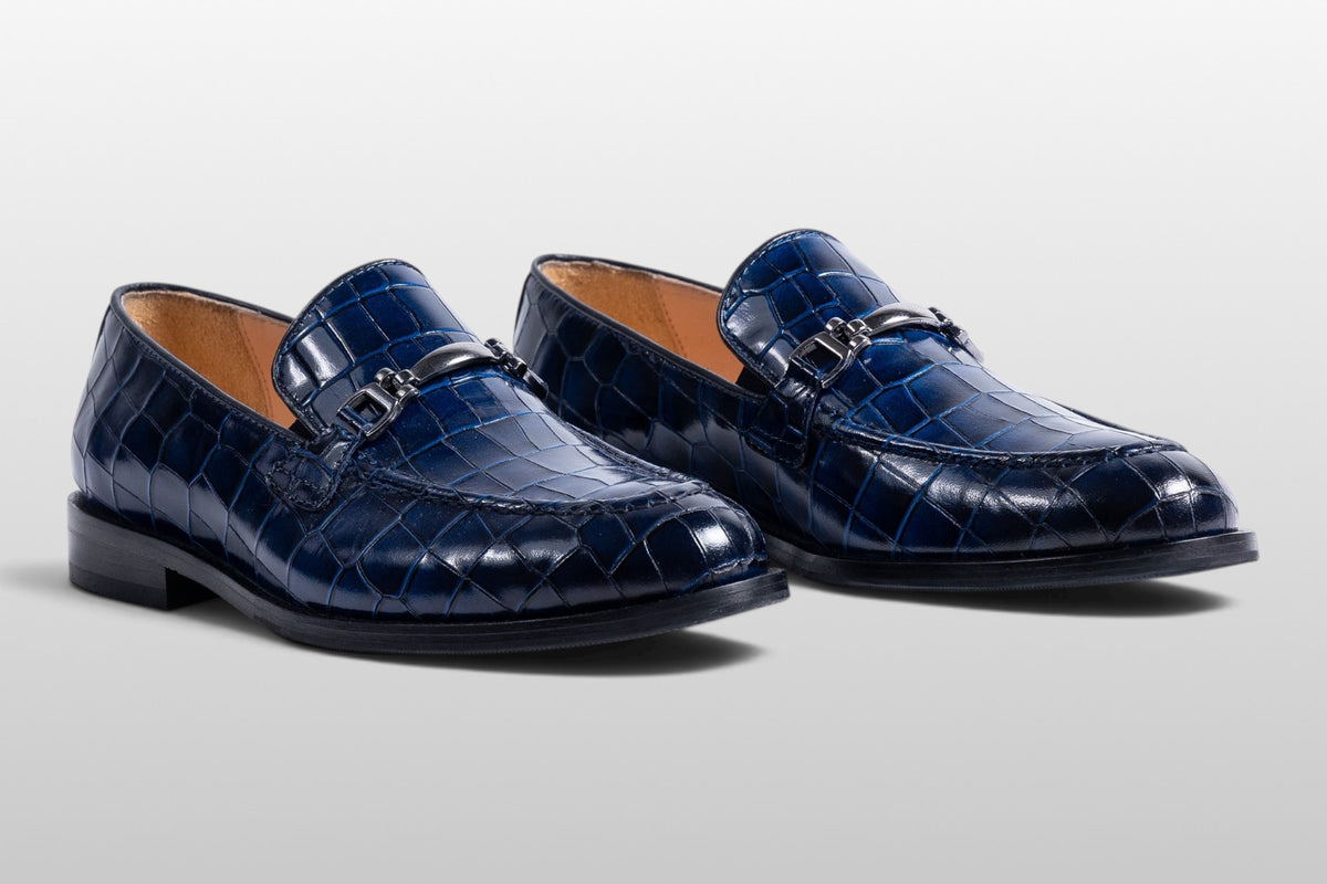 Zeli Venezia dunkelblaue Croco-Leder-Slipper mit Schnalle
