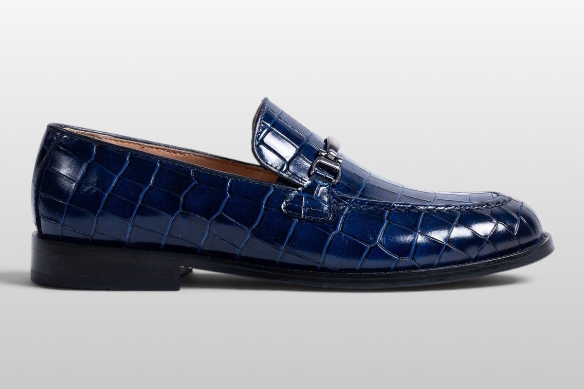 Zeli Venezia dunkelblaue Croco-Leder-Slipper mit Schnalle