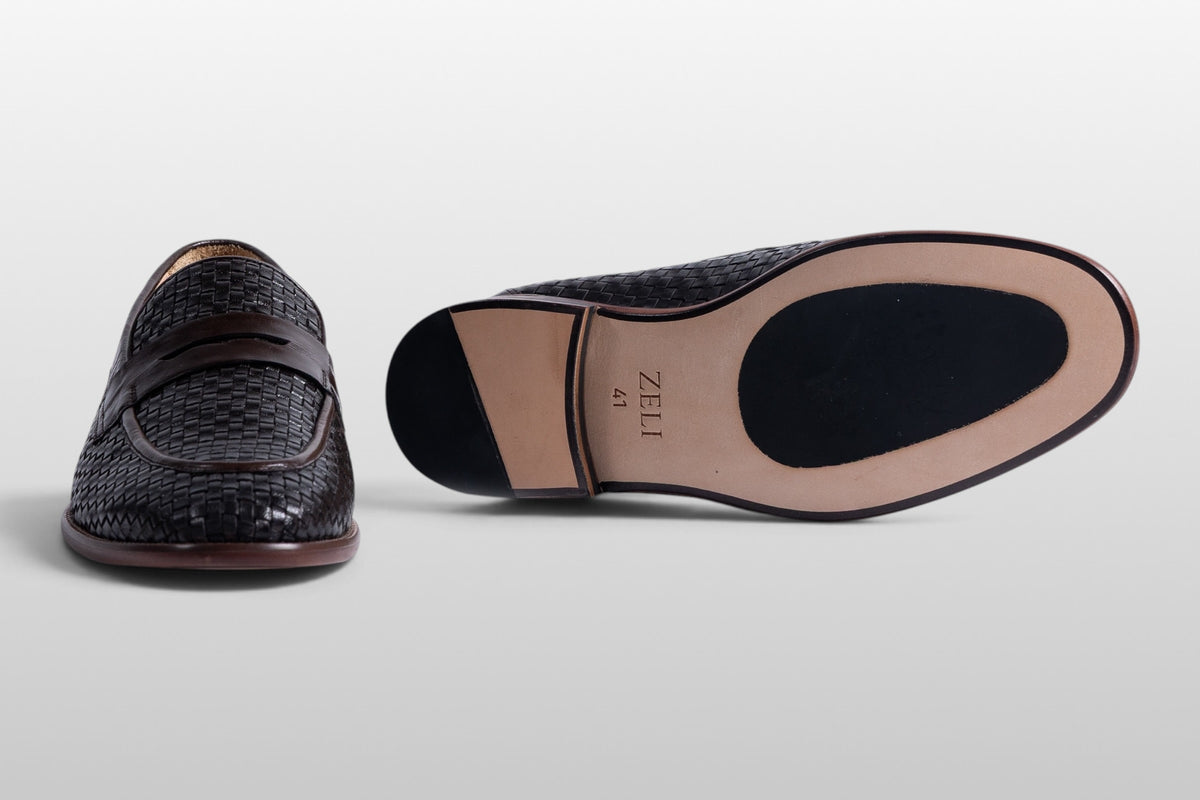 Zeli Florence Donkerbruine Geweven Leren Penny Loafers