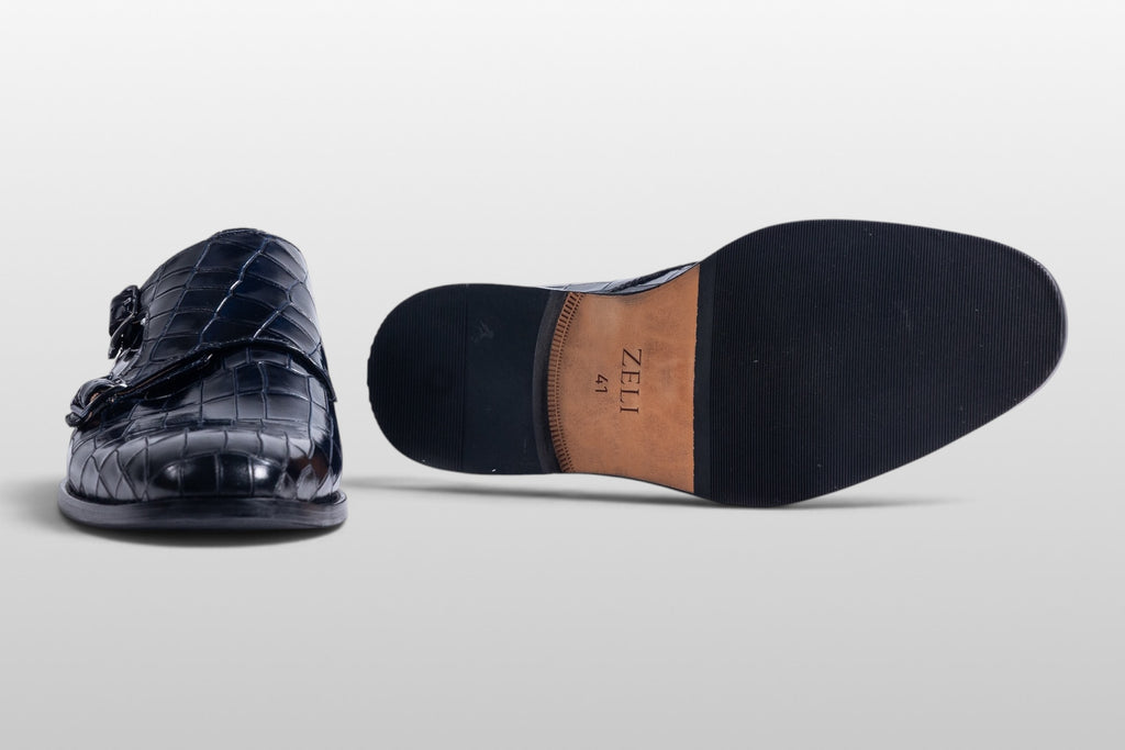 Zeli Milano dunkelblaue Kroko-Leder-Schnallenschuhe