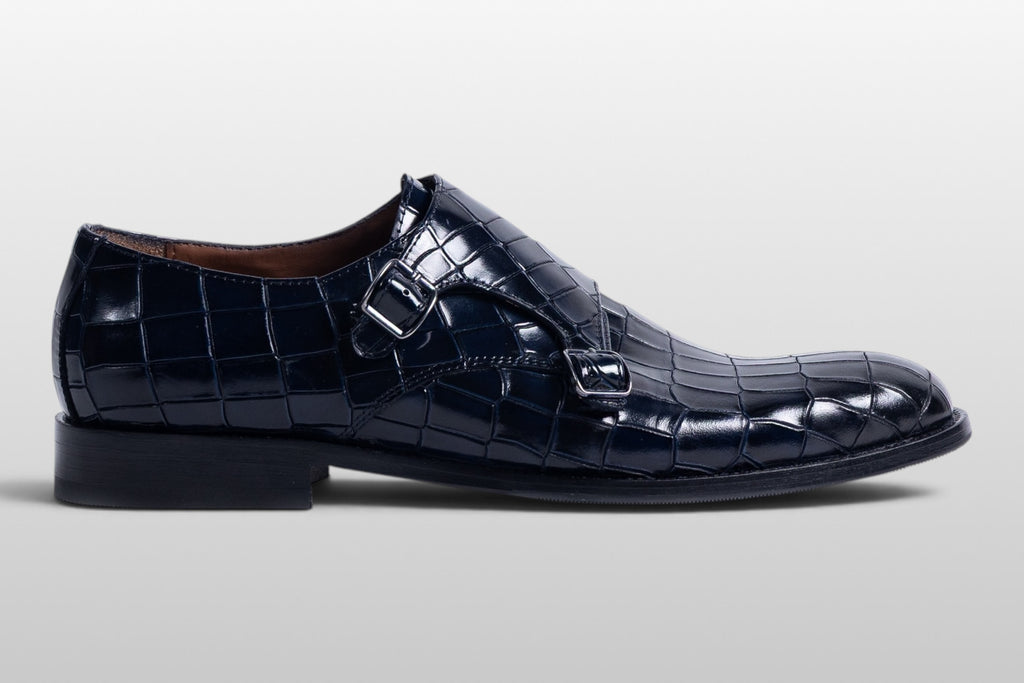Zeli Milano dunkelblaue Kroko-Leder-Schnallenschuhe